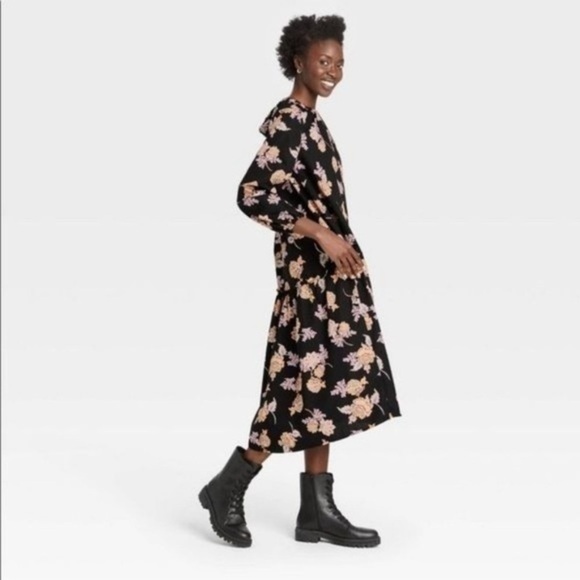 Raglan Long Sleeve High Low Dress - Who What Wear Black Floral size small - Picture 3 of 6